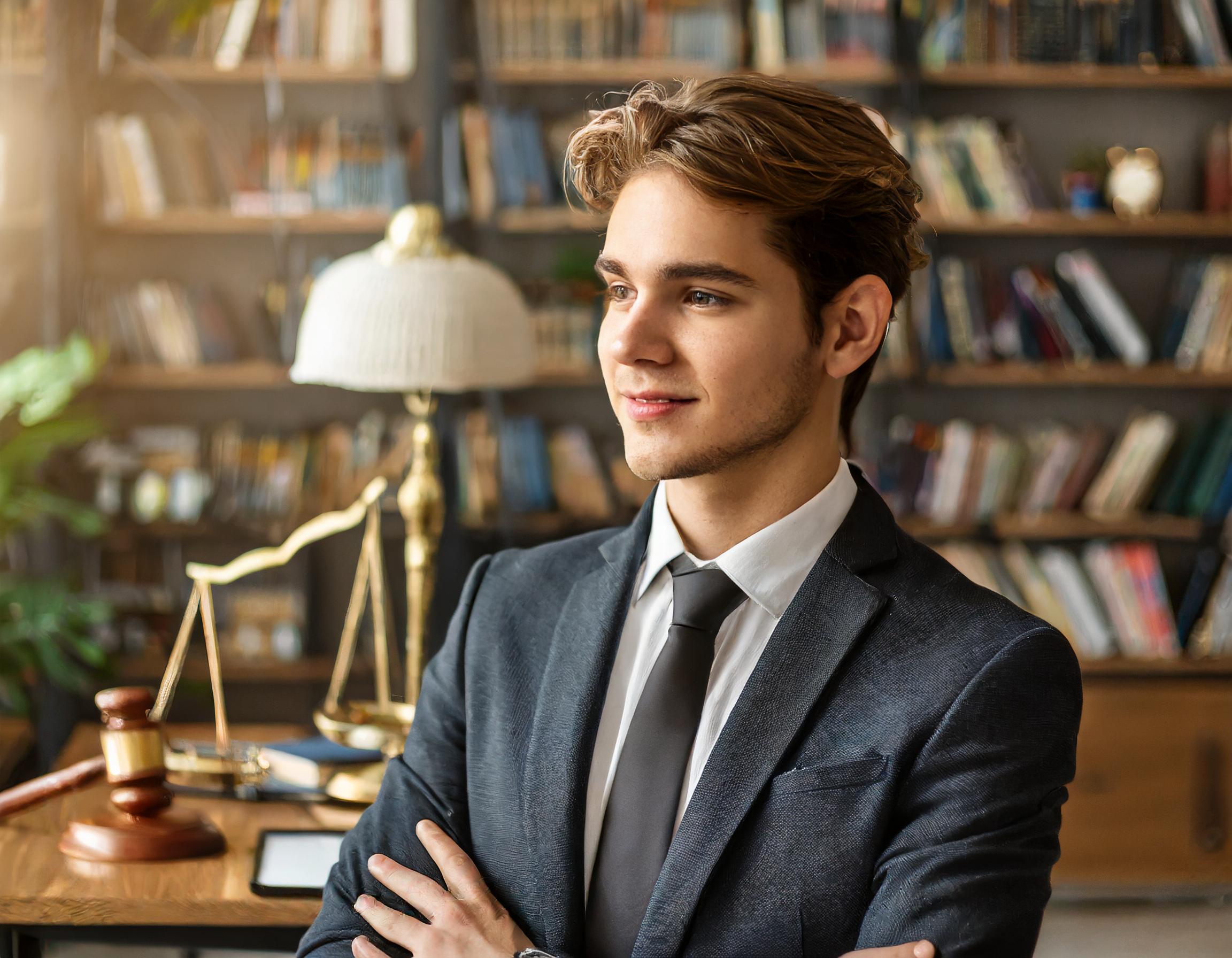 Mann mit Anzug und Krawatte, lächelnd in einem Büro